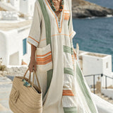 Diana – Kaftan obleka z zelenimi in oranžnimi črtami